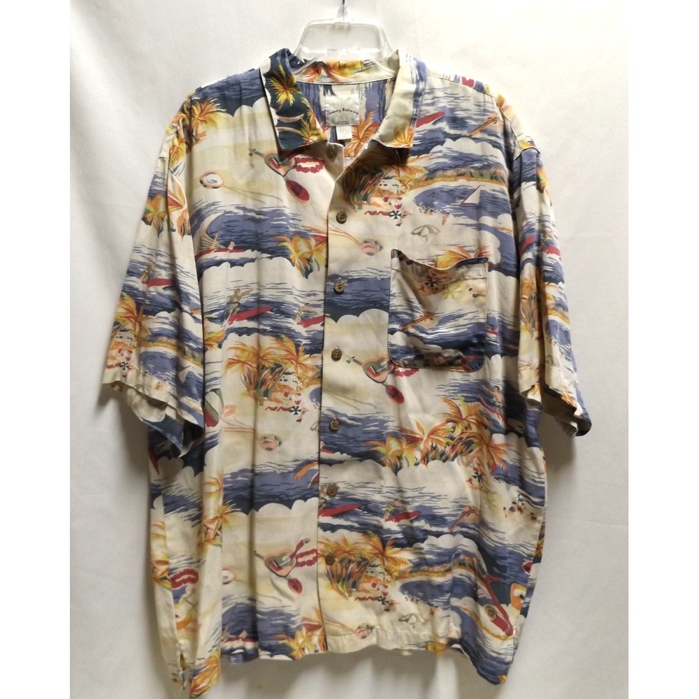 Tommy Bahama Hawaiian Shirt, ALL OVER PRINT, 100% Silk Sz XL, pit to pit 24"